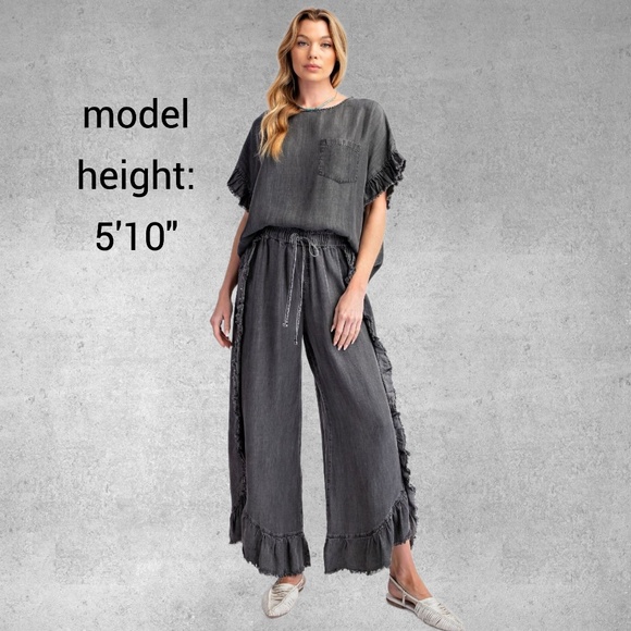 EASEL Raw Ruffle Trim Lightweight Pants Elastic & Drawstring Waist & Scooped Hem - Picture 2 of 16